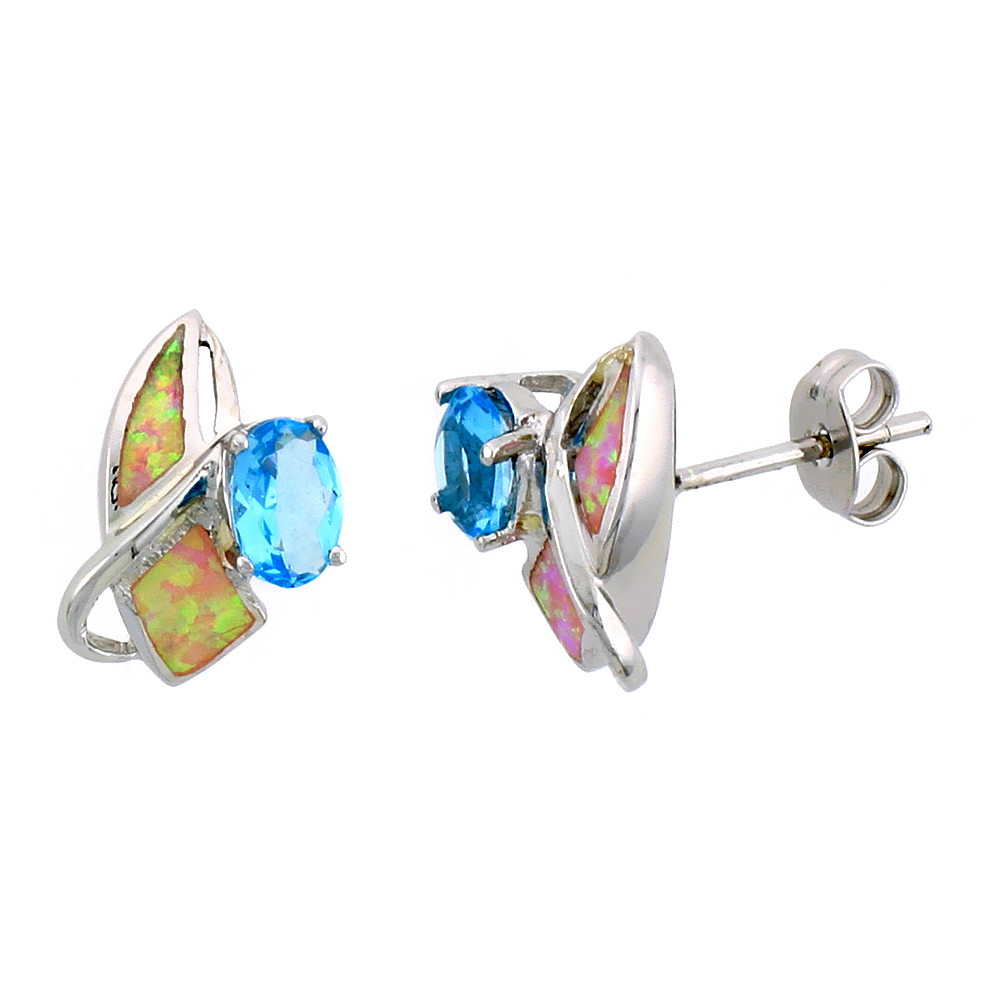STERLING SILVER POST EARRINGS PINK SYNTHETIC OPAL INLAY WITH MARQUIS SHAPE BLUE TOPAZ CZ, 1/2 INCH