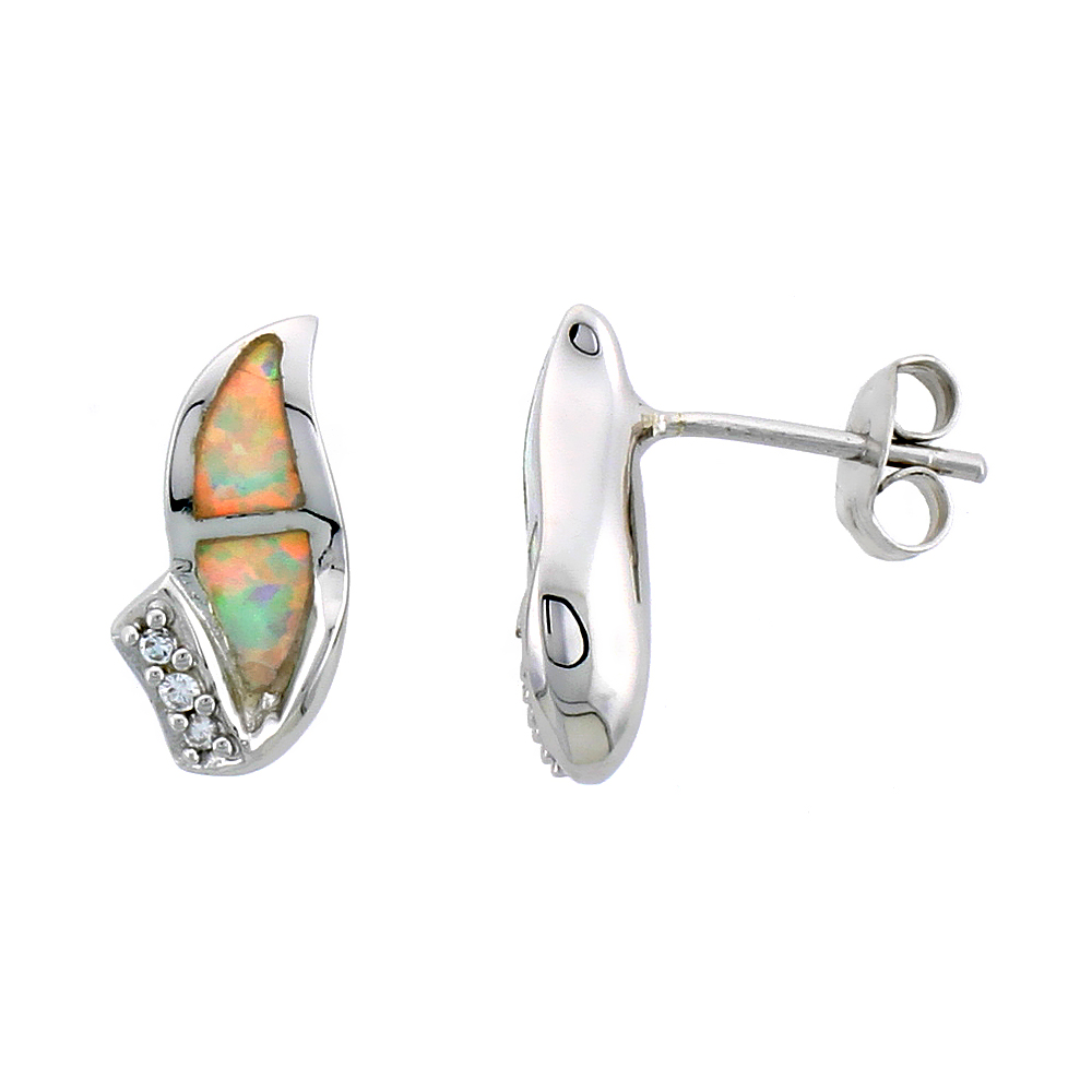 STERLING SILVER SYNTHETIC BLUE OPAL STUD EARRINGS WITH SMALL CZ STONES, 9/16 INCH