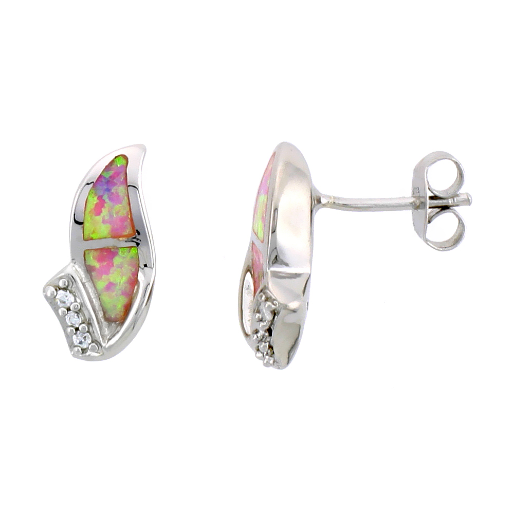 STERLING SILVER POST EARRINGS PINK SYNTHETIC OPAL INLAY WITH SMALL CZ STONES, 9/16 INCH