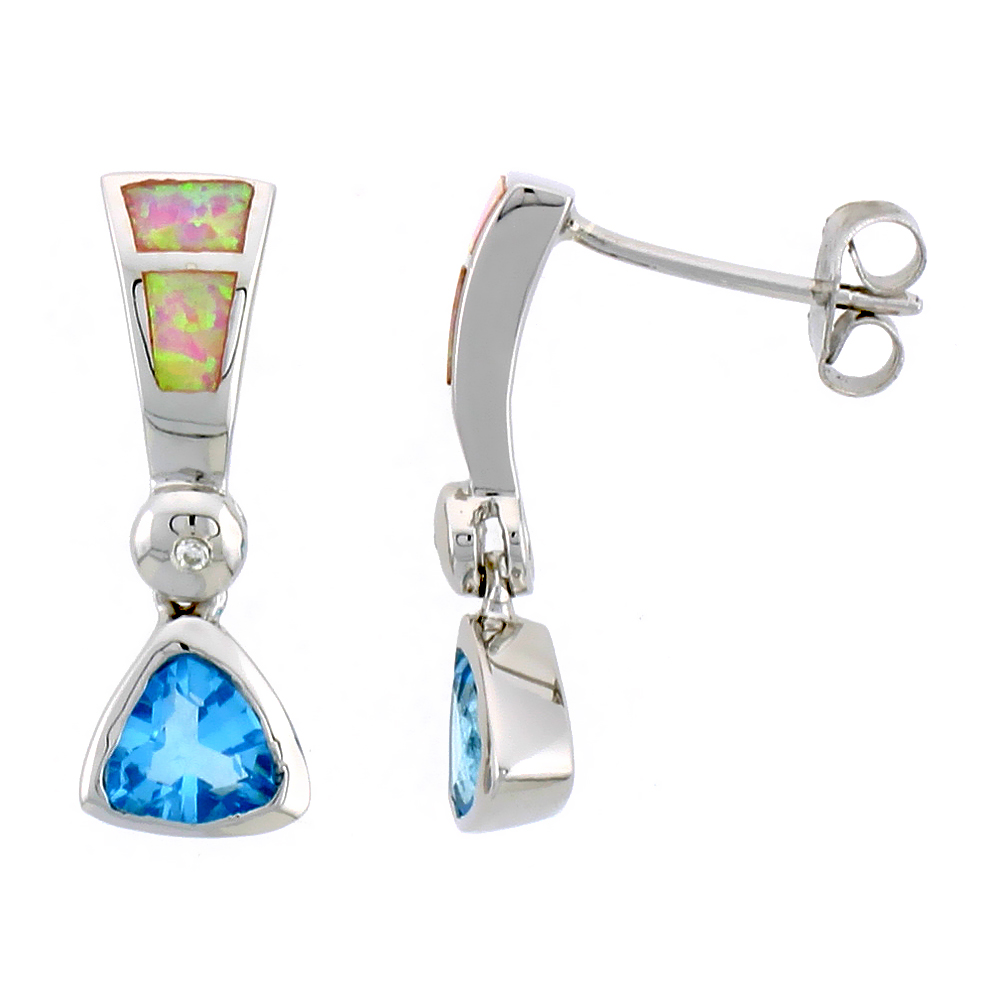 STERLING SILVER POST EARRINGS PINK SYNTHETIC OPAL INLAY WITH TRILLIUM SHAPE BLUE TOPAZ CZ, 3/8 INCH