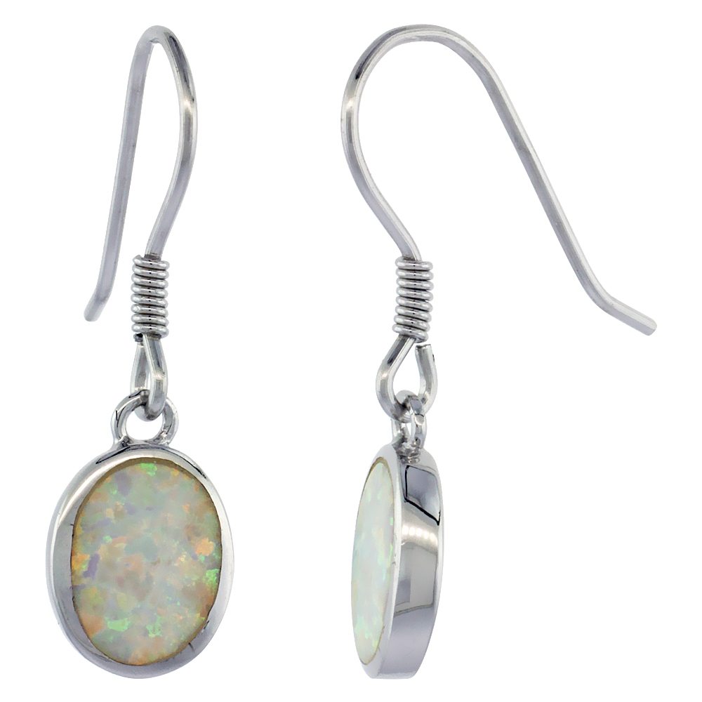 STERLING SILVER DANGLE EARRINGS SYNTHETIC WHITE BLUE OPAL OVAL SHAPE, 1 INCH
