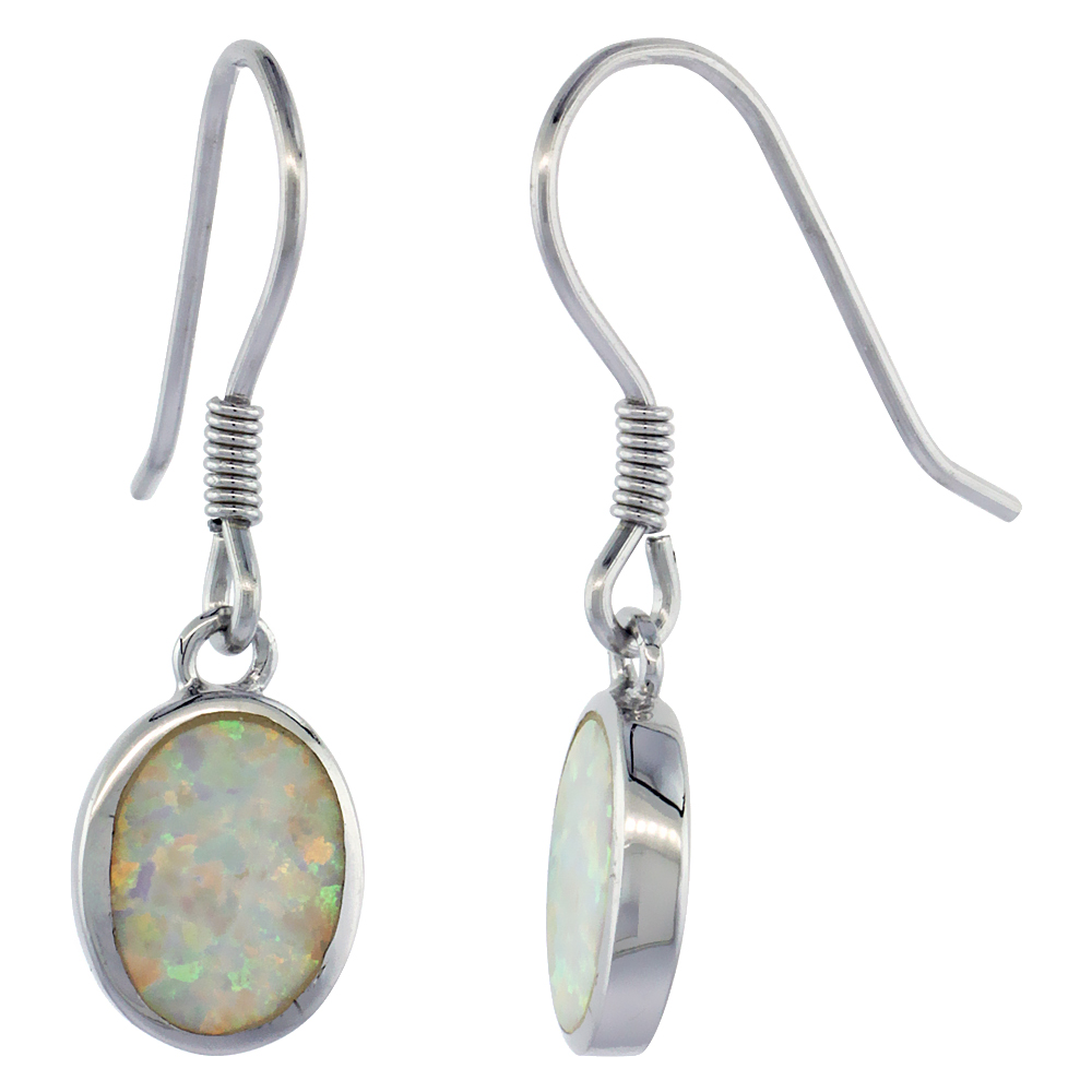 Sterling Silver Dangle Earrings Synthetic White Blue Opal Oval Shape, 1 inch