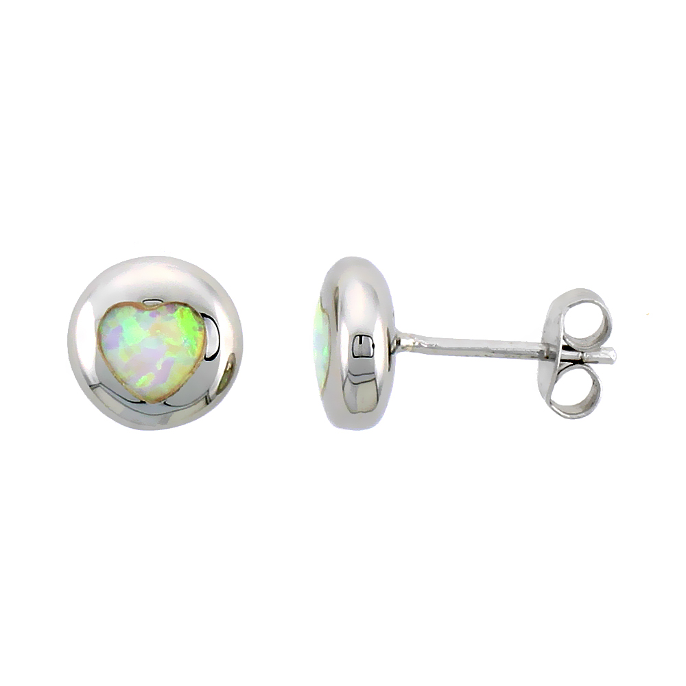 STERLING SILVER SYNTHETIC BLUE OPAL HEART INLAY FLAT BALL STUDS, 3/8 INCH DIAMETER