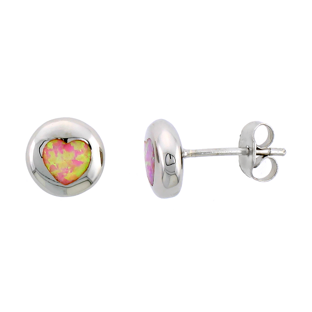 STERLING SILVER SYNTHETIC PINK OPAL HEART INLAY FLAT BALL STUDS, 3/8 INCH DIAMETER