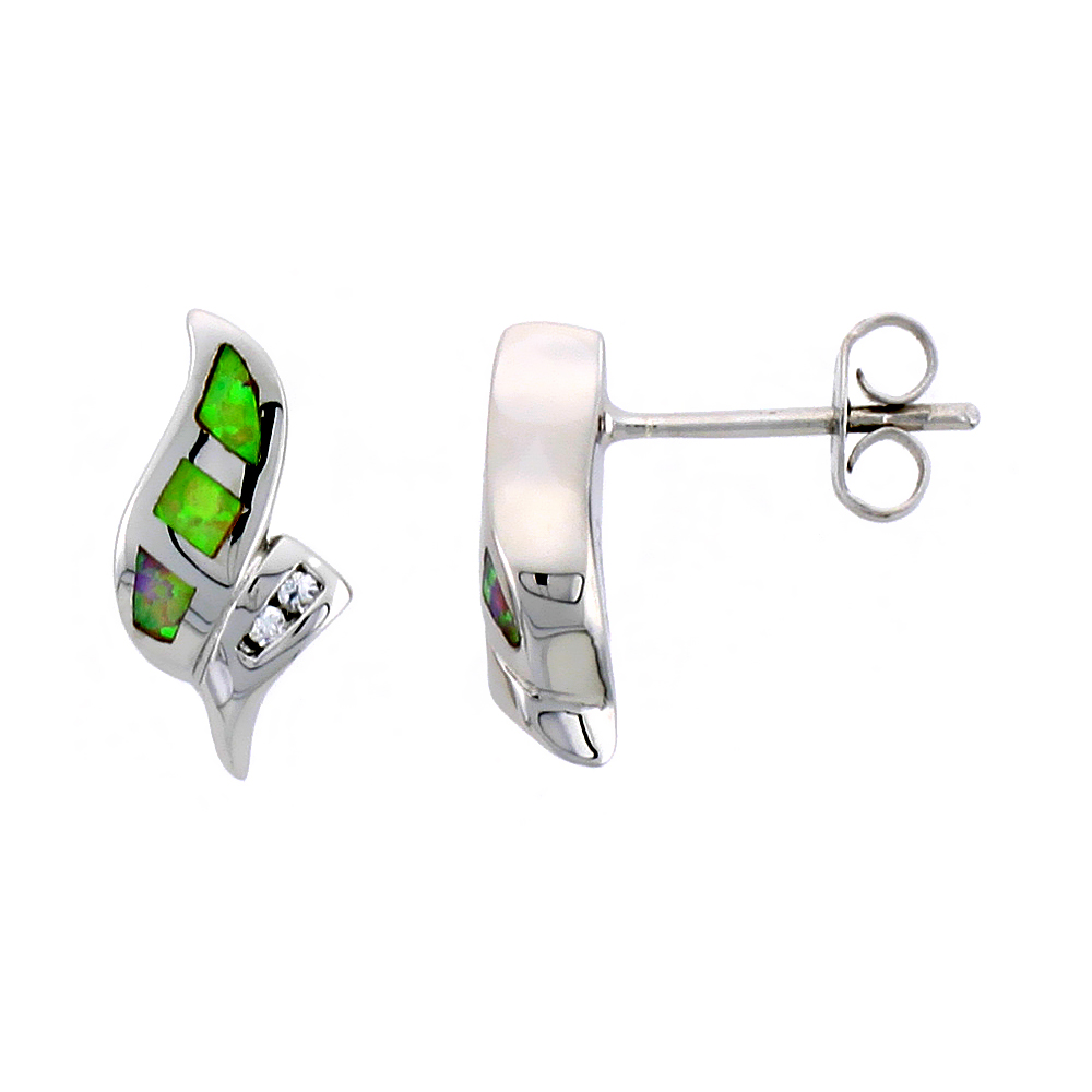 STERLING SILVER POST EARRINGS PINK SYNTHETIC OPAL INLAY SMALL CZ, 5/8 INCH