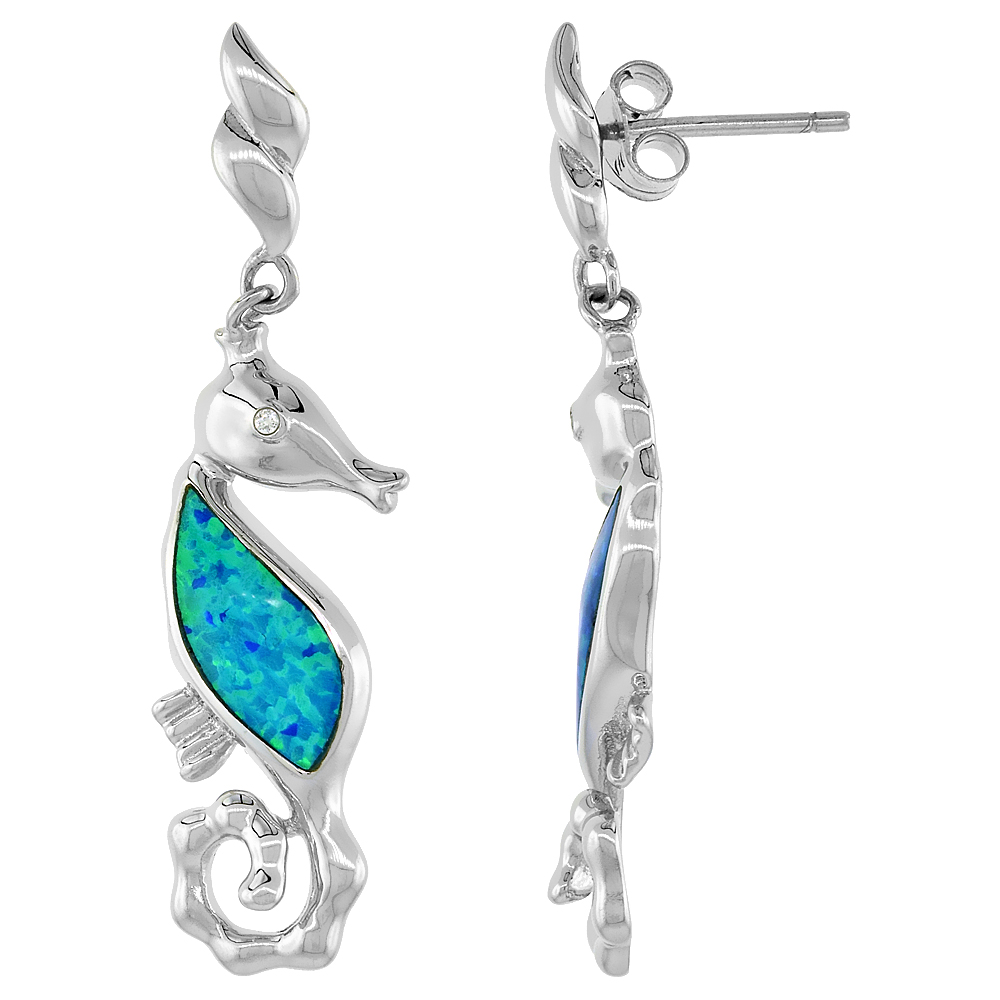 STERLING SILVER SYNTHETIC BLUE OPAL SEAHORSE DANGLE EARRINGS WITH SMALL CZ, 1 5/8 INCH