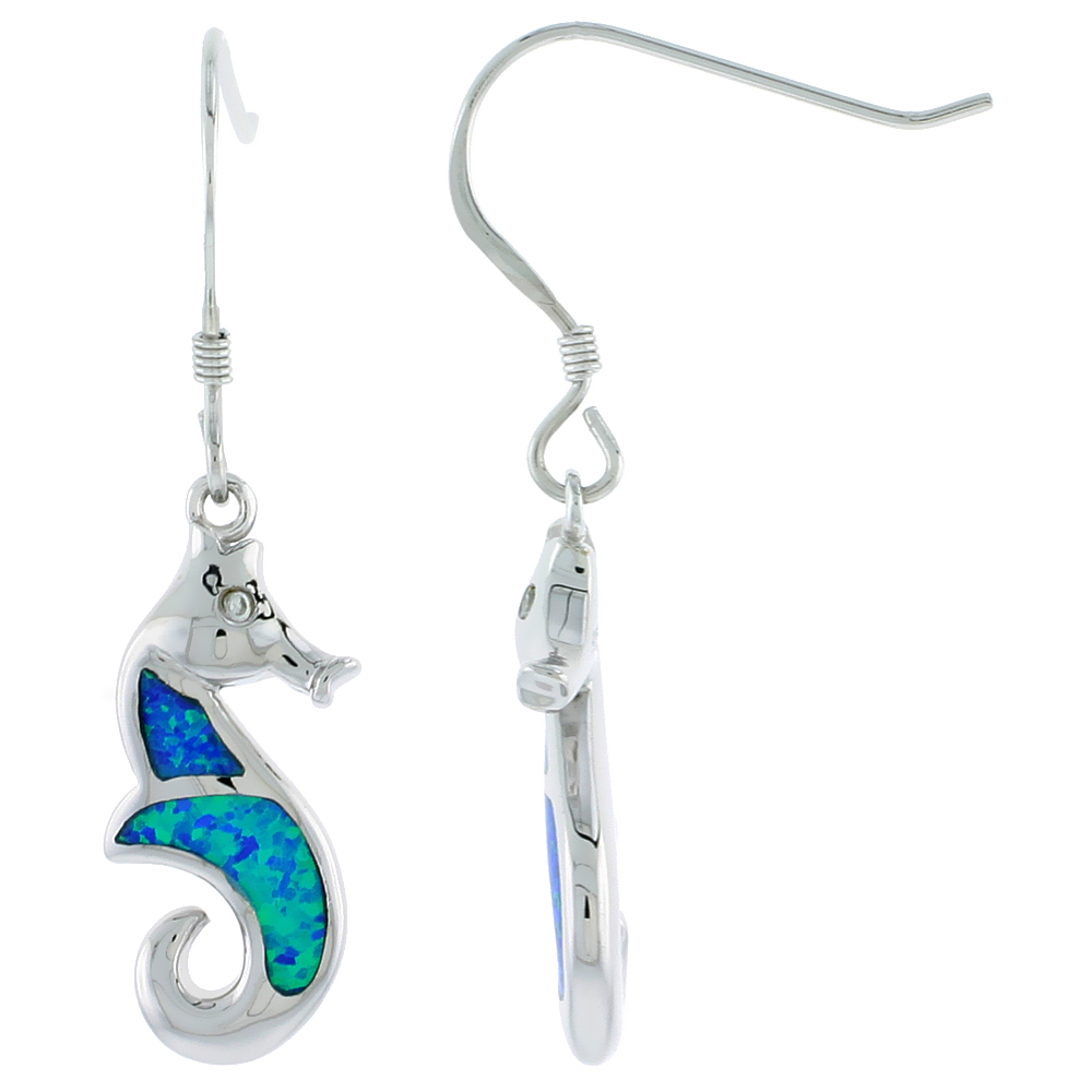 STERLING SILVER SEAHORSE EARRINGS SYNTHETIC BLUE OPAL