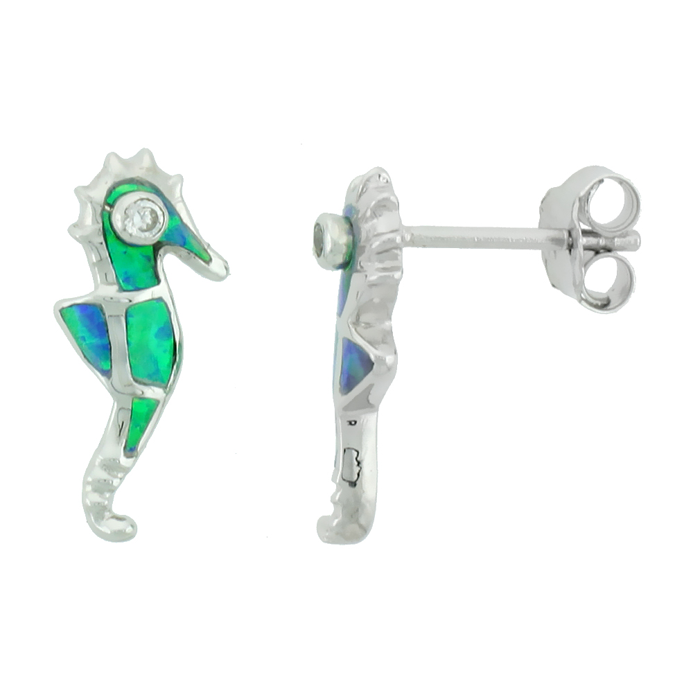 SMALL STERLING SILVER SYNTHETIC OPAL SEAHORSE STUD EARRINGS 3/4 INCH
