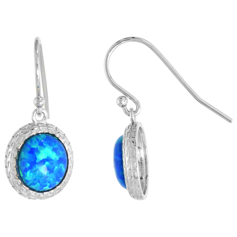 Sterling Silver Synthetic Opal Dangle Earrings Fishhook back 9mm Round Cabochon Engraved Bezel Set