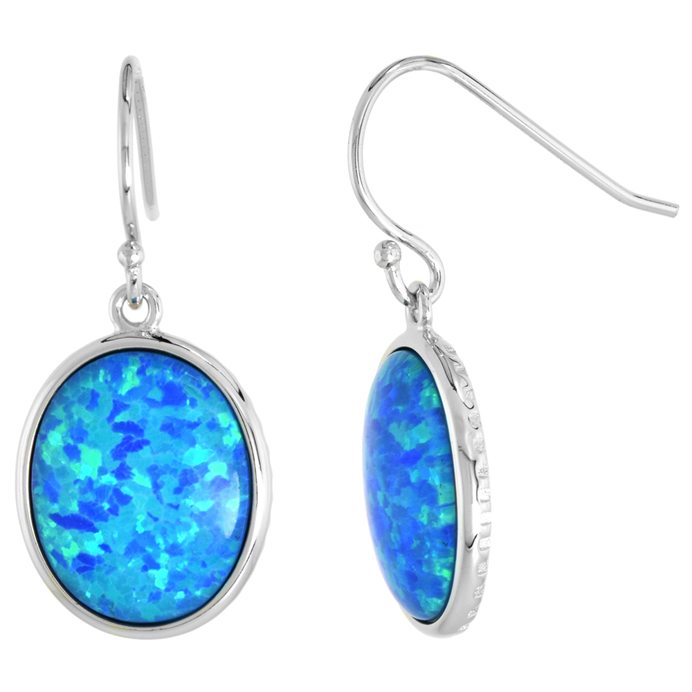 STERLING SILVER SYNTHETIC OPAL DANGLE EARRINGS FISHHOOK BACK 13X11MM OVAL CABOCHON BEZEL SET