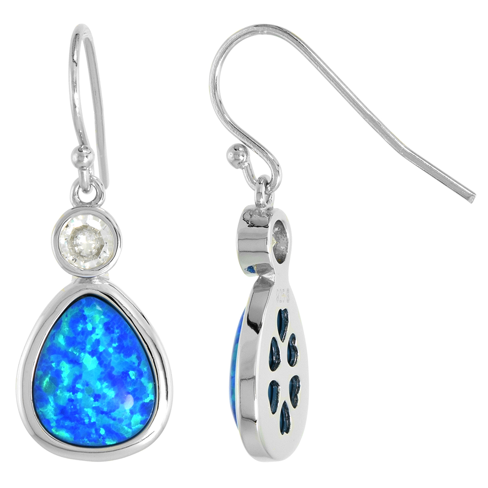 STERLING SILVER SYNTHETIC OPAL DANGLE TEARDROP EARRINGS FISHHOOK BACK 11X9MM PEAR CABOCHON BEZEL SET 4MM CZ