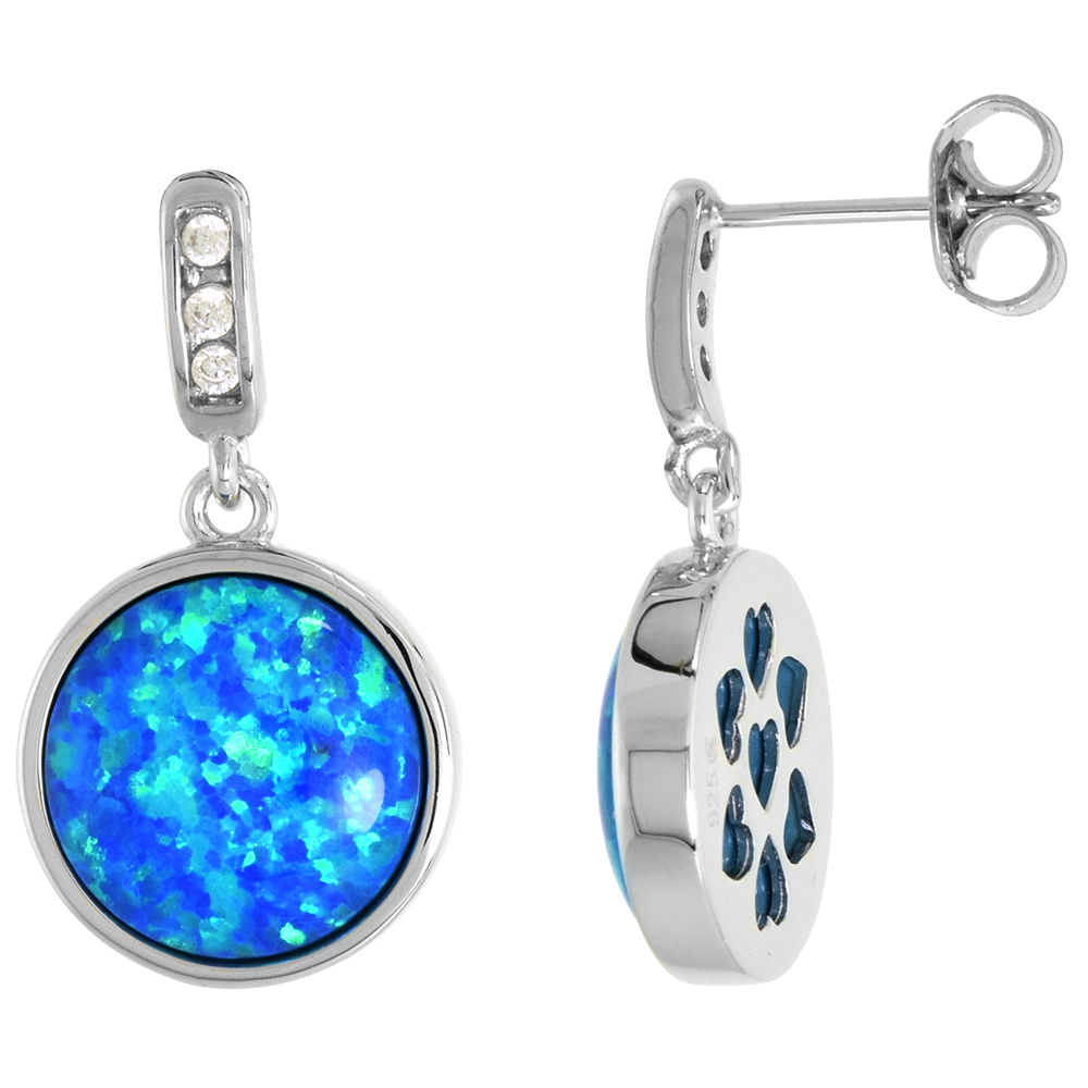 Sterling Silver Synthetic Opal Dangle Earrings CZ Post 11mm Round Cabochon Bezel Set