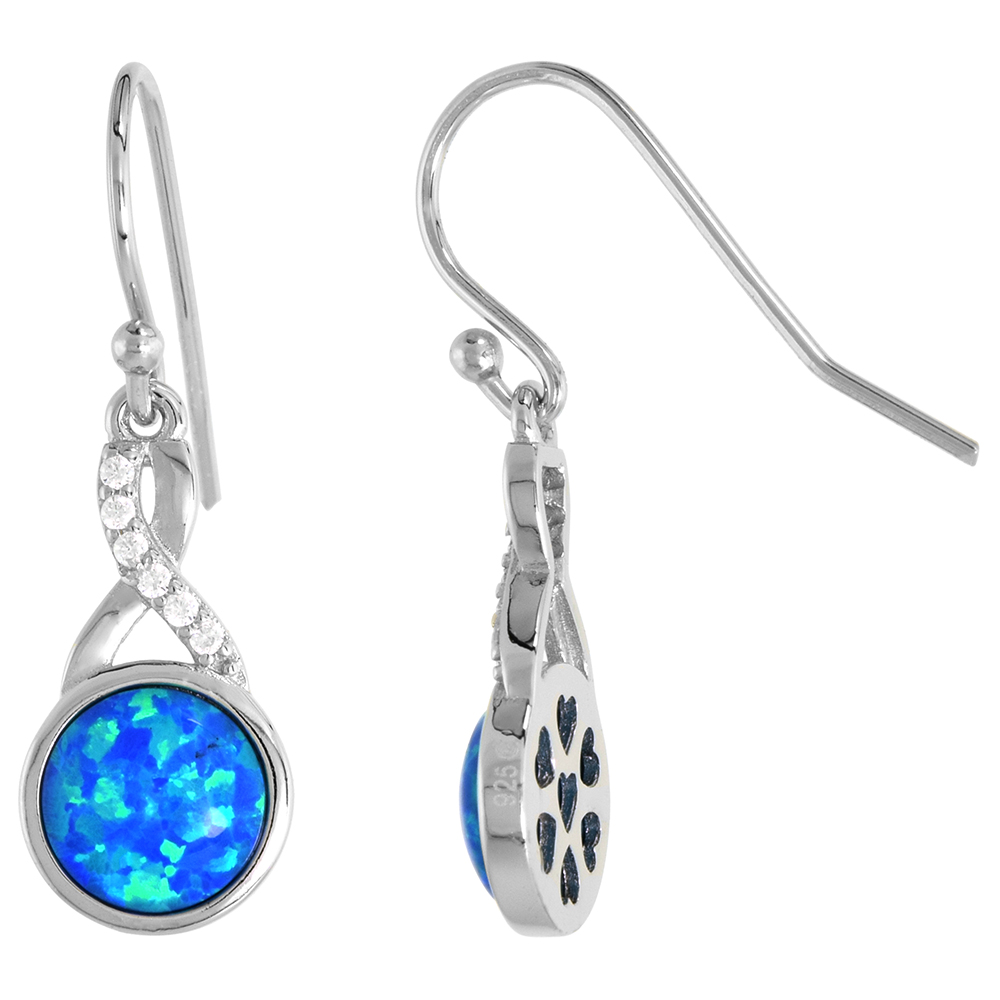 Sterling Silver Synthetic Opal Dangle Earrings Fishhook back 8mm Round Cabochon Bezel Set CZ Accent