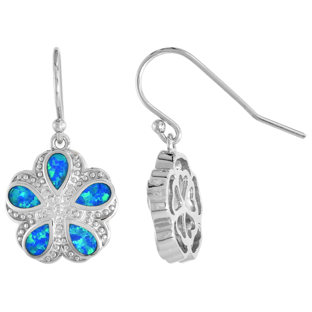 STERLING SILVER SYNTHETIC OPAL 5 PETAL FLOWER DANGLE EARRINGS FISHHOOK BACK 5X3MM PEAR INLAY
