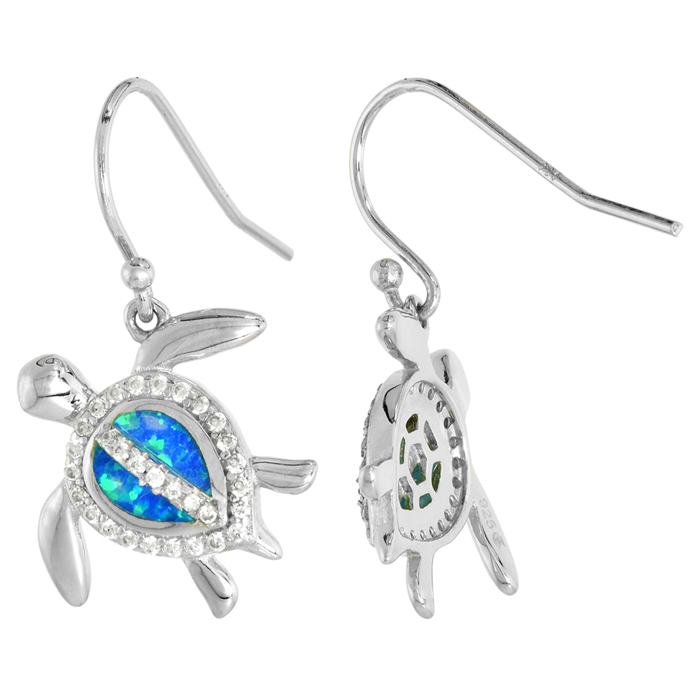 Sterling Silver Synthetic Opal Sea Turtle Dangle Earrings Fishhook back 8x6mm Pear Inlay CZ Accent