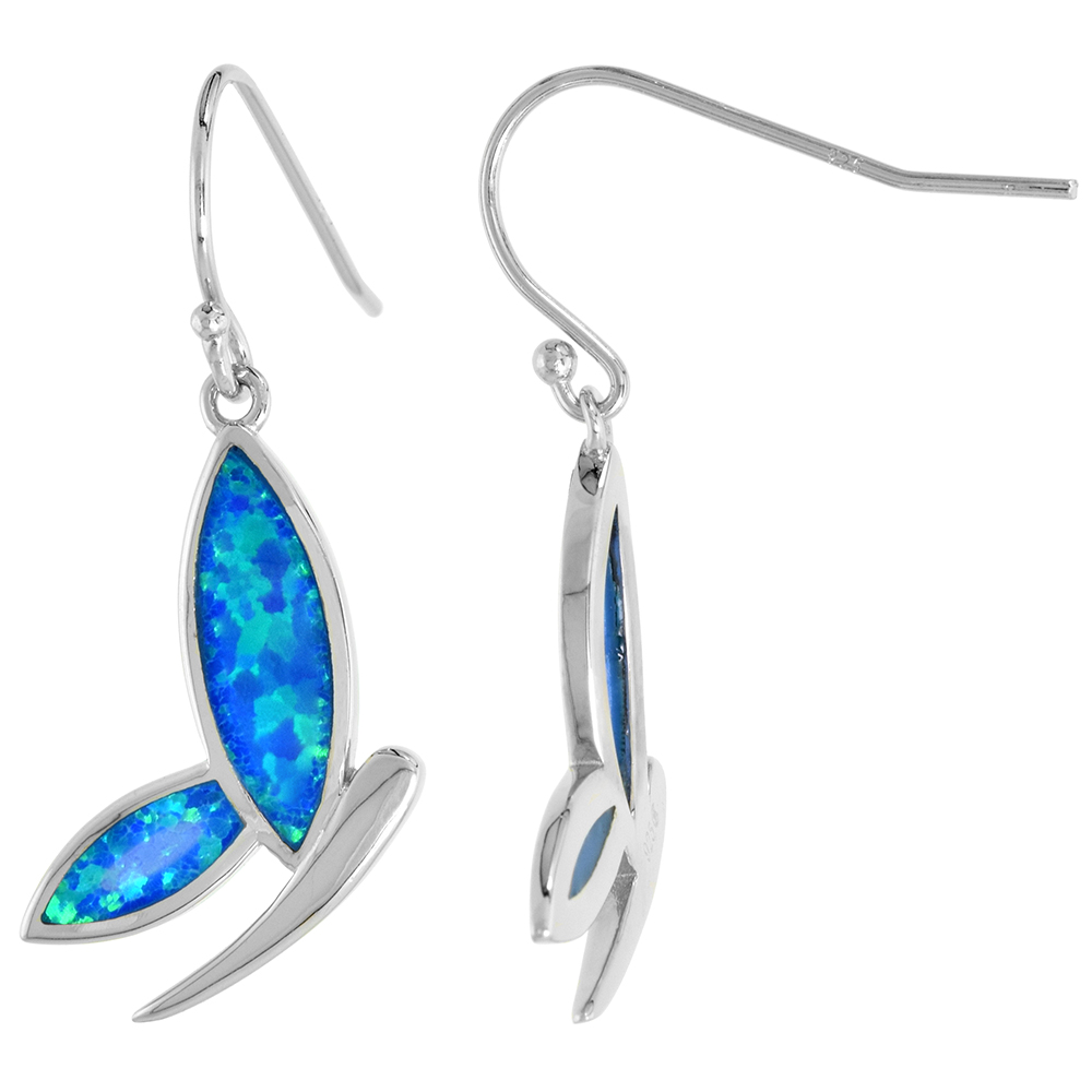 Sterling Silver Synthetic Opal Butterfly Dangle Earrings Fishhook back 16x5mm Marquise Inlay