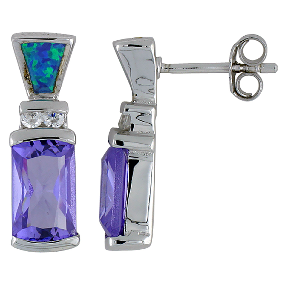 STERLING SILVER RECTANGULAR AMETHYST CZ EARRINGS SYNTHETIC BLUE OPAL CLEAR CZ ACCENT, 13/16 INCH