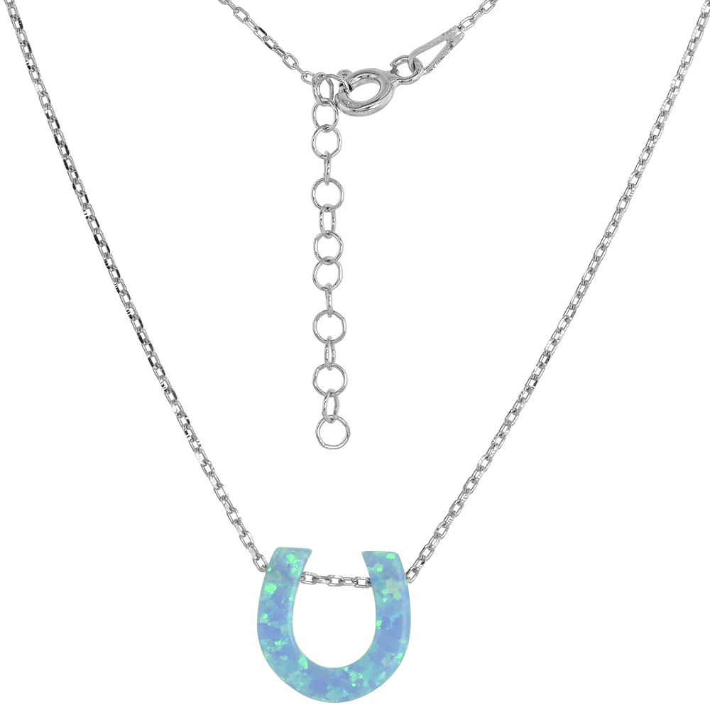 STERLING SILVER HORSESHOE NECKLACE SYNTHETIC OPAL 16 INCH + 2 INCH EXTENSION