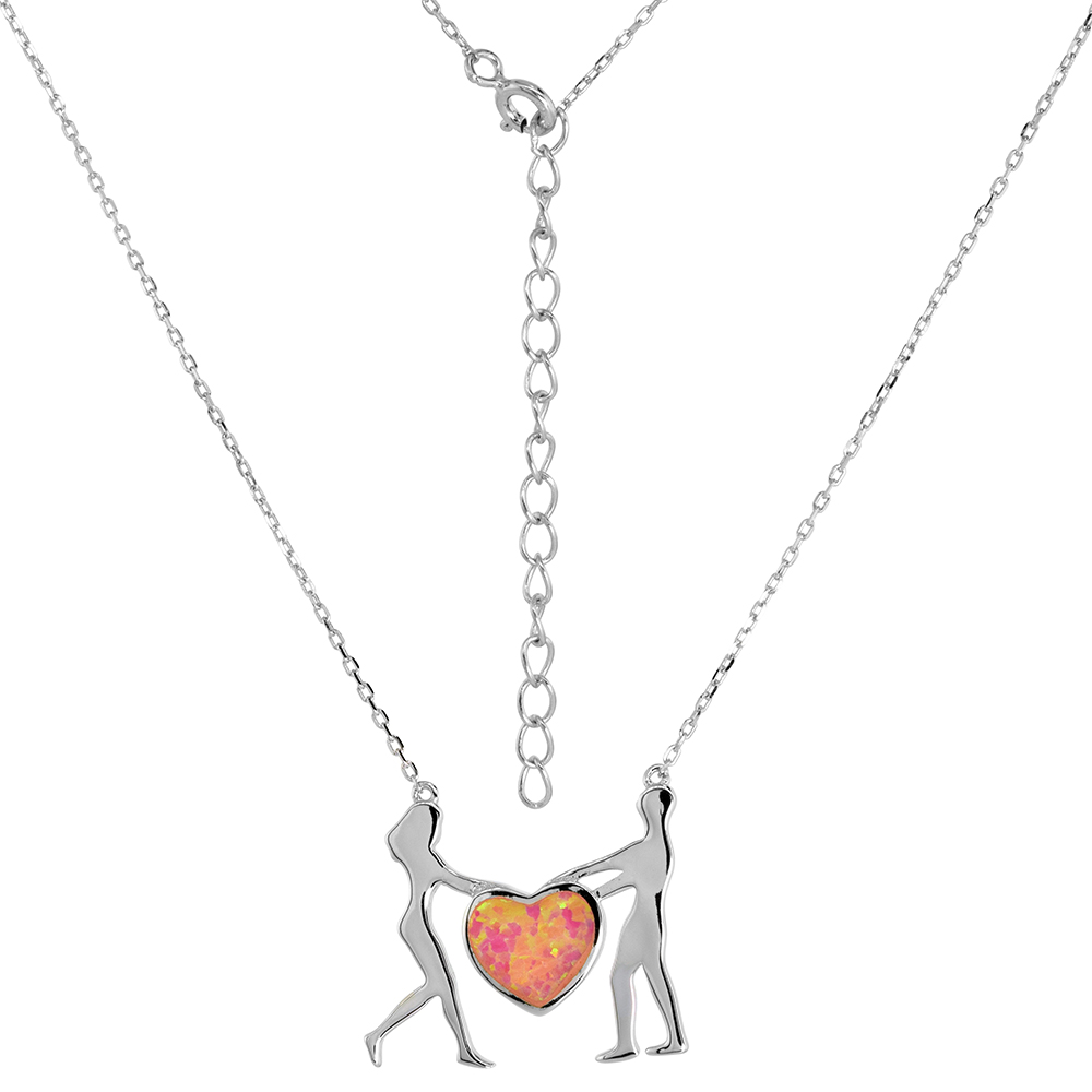STERLING SILVER SYNTHETIC PINK OPAL MAN AND WOMAN HOLDING HEART NECKLACE FOR WOMEN FITS 18-20 INCH