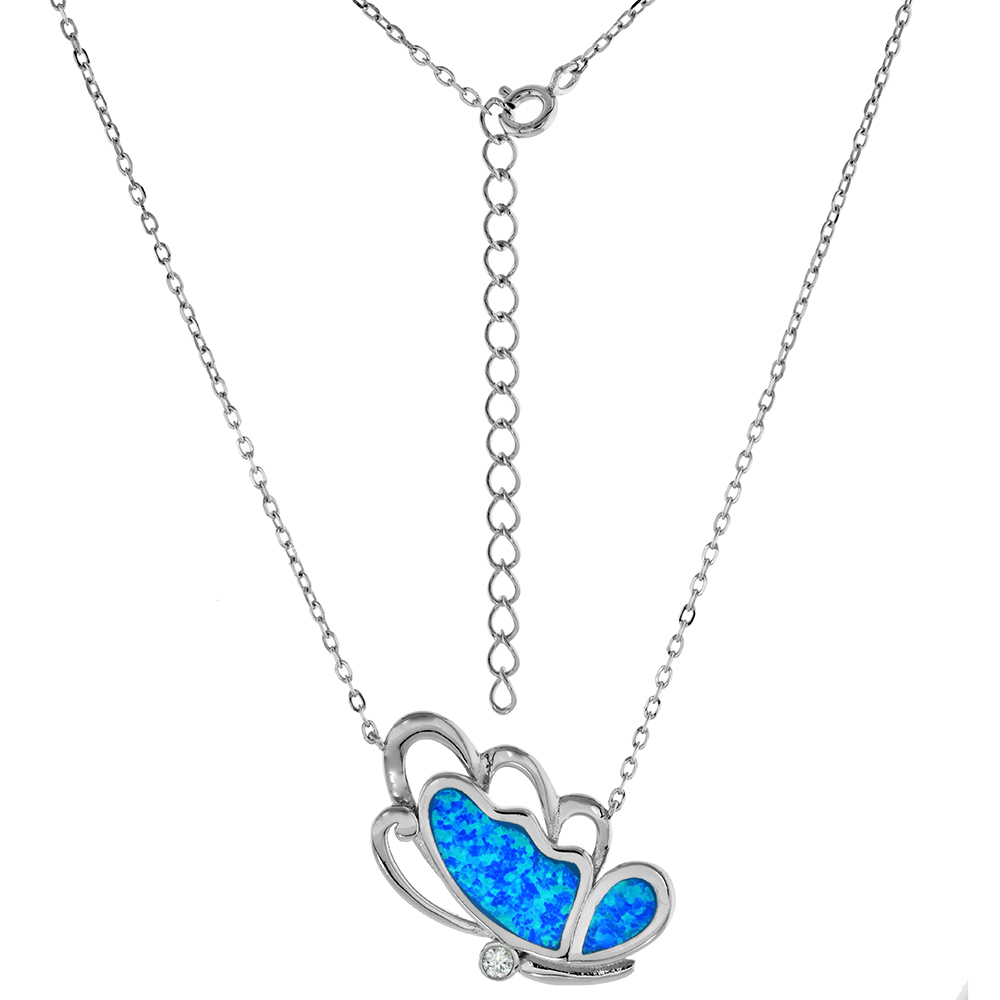 STERLING SILVER BLUE SYNTHETIC OPAL SIDEWAYS BUTTERFLY NECKLACE FOR WOMEN CZ ACCENT RHODIUM FINISH CHAIN 1 1/8 WIDE FITS 18-20 INCH