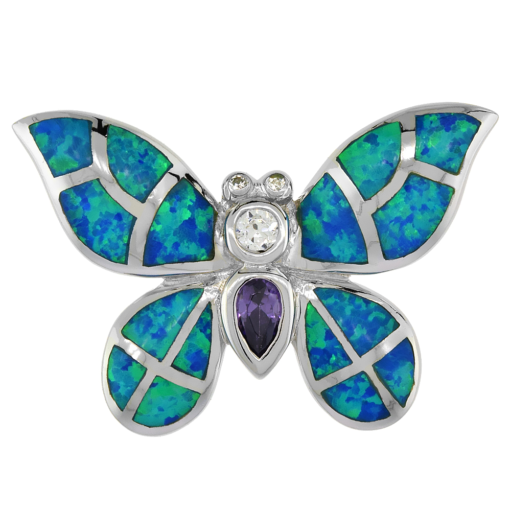 STERLING SILVER SYNTHETIC OPAL BUTTERFLY PENDANT FOR WOMEN HAND INLAY & CZ STONES 1 1/8 INCH WIDE