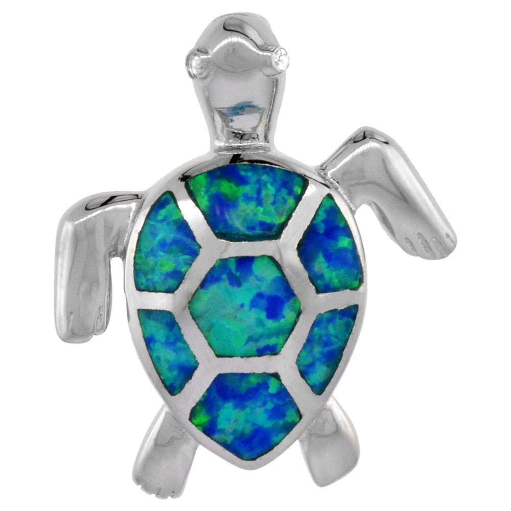 STERLING SILVER SYNTHETIC OPAL SEA TURTLE PENDANT FOR WOMEN CZ EYES HAND INLAY 7/8 INCH TALL