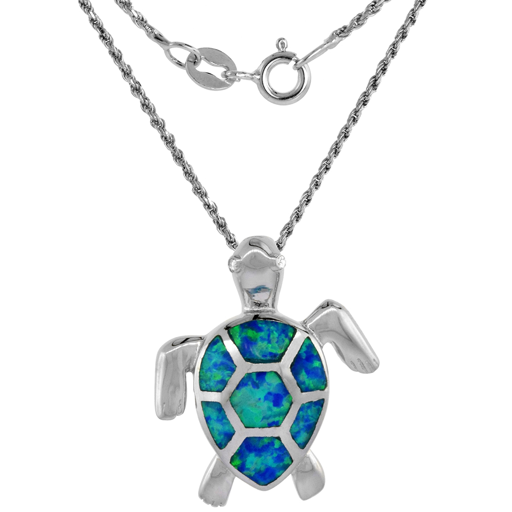 Sterling Silver Synthetic Opal Sea Turtle Necklace for Women CZ Eyes Hand Inlay 7/8 inch