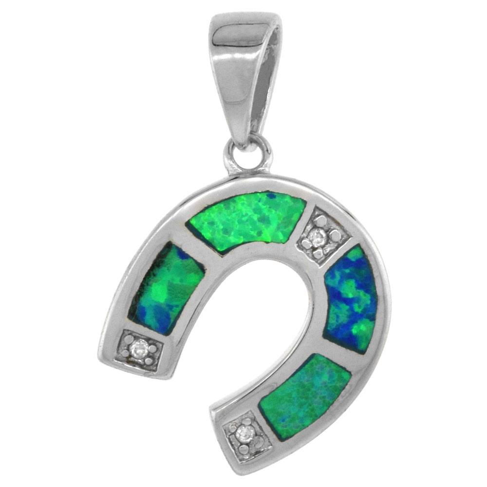 STERLING SILVER SYNTHETIC OPAL HORSESHOE PENDANT HAND INLAY CUBIC ZIRCONIA ACCENT 9/16 INCH TALL