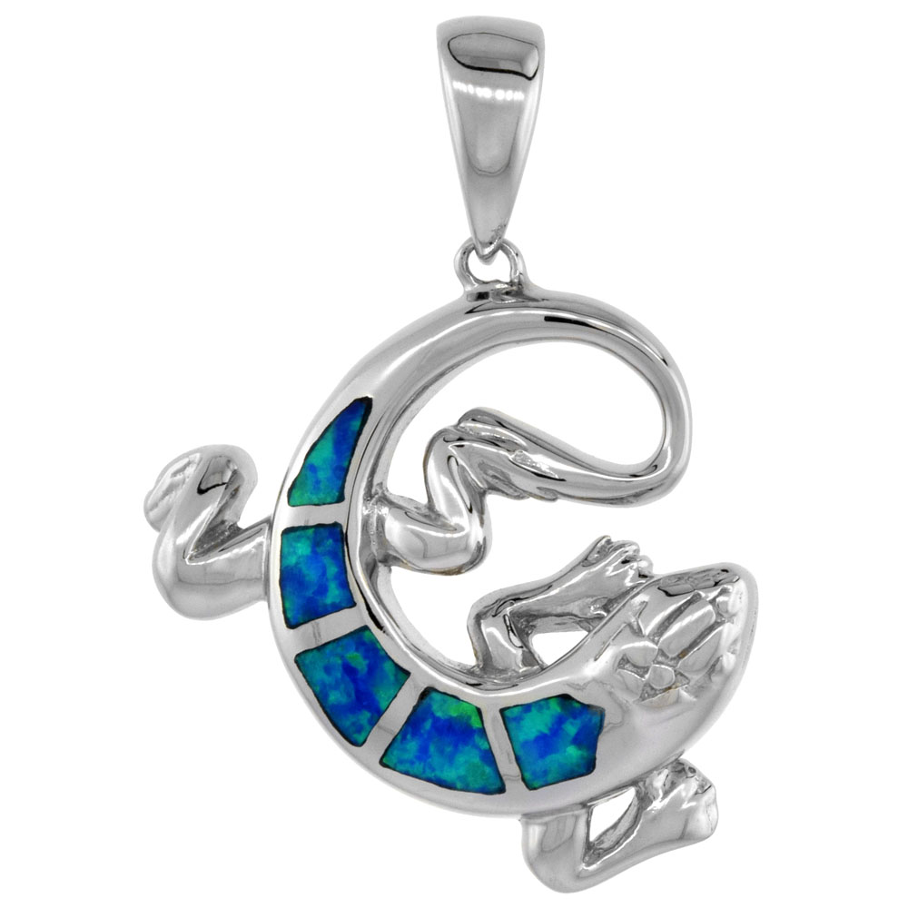 STERLING SILVER SYNTHETIC OPAL LIZARD PENDANT FOR WOMEN HAND INLAY 1 INCH