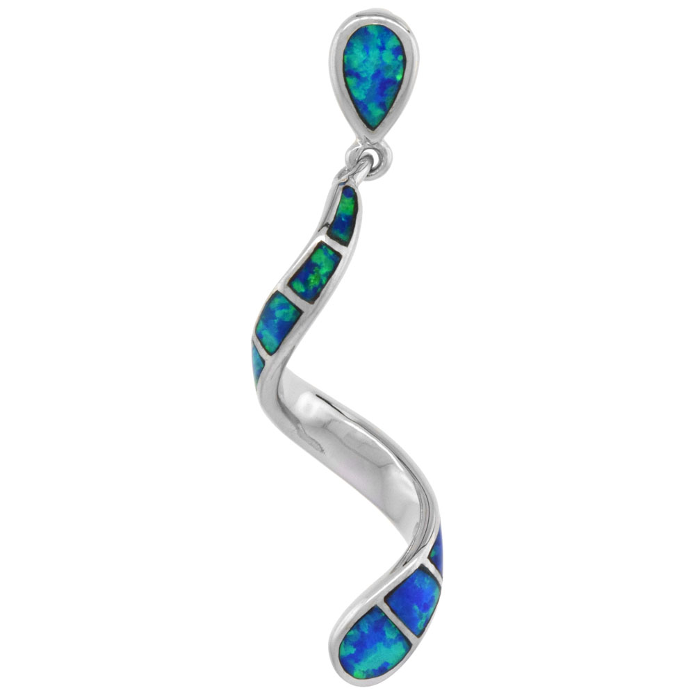 STERLING SILVER SYNTHETIC OPAL SWIRL PENDANT FOR WOMEN HAND INLAY 1 3/4 INCH TALL