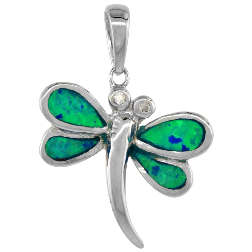 STERLING SILVER SYNTHETIC OPAL DRAGONFLY PENDANT FOR WOMEN CZ ACCENT HAND INLAY 3/4 INCH TALL