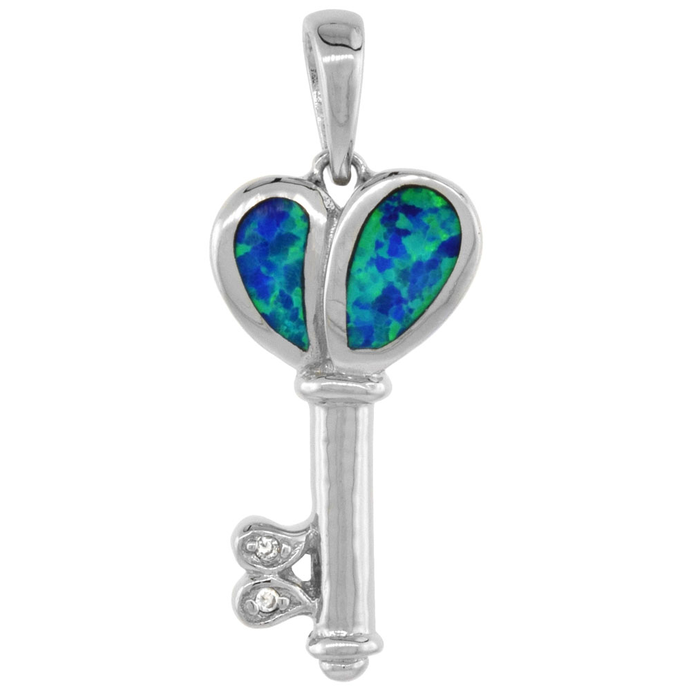 STERLING SILVER SYNTHETIC OPAL HEART KEY PENDANT FOR WOMEN CZ ACCENT HAND INLAY 1 INCH