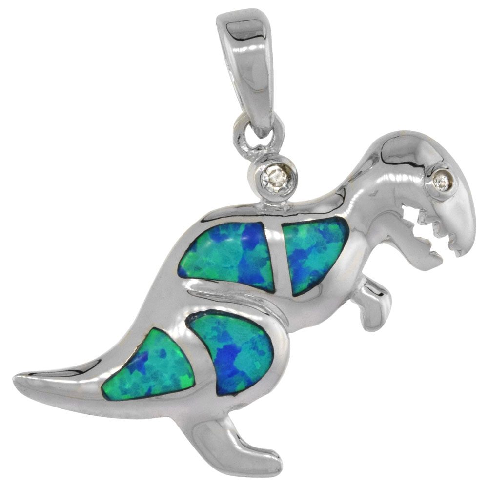 STERLING SILVER SYNTHETIC OPAL DINOSAUR PENDANT FOR WOMEN CZ ACCENT HAND INLAY 1 3/16 INCH WIDE