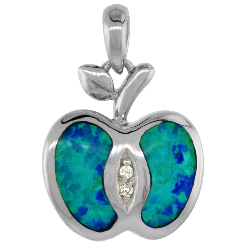 STERLING SILVER SYNTHETIC OPAL APPLE PENDANT FOR WOMEN CZ ACCENT HAND INLAY 5/8 INCH TALL