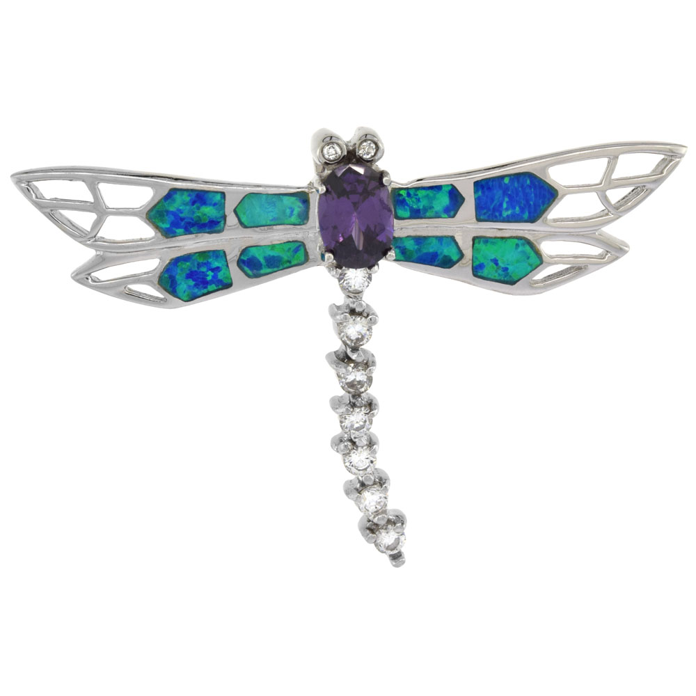 STERLING SILVER SYNTHETIC OPAL DRAGONFLY PENDANT HAND INLAY AMETHYST CZ CUBIC ZIRCONIA ACCENT 1 3/4 INCH