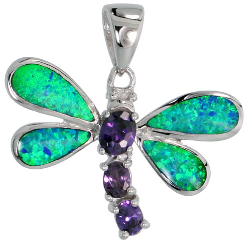 STERLING SILVER SYNTHETIC OPAL DRAGONFLY PENDANT HAND INLAY AMETHYST CZ CUBIC ZIRCONIA ACCENT 1 1/8 INCH
