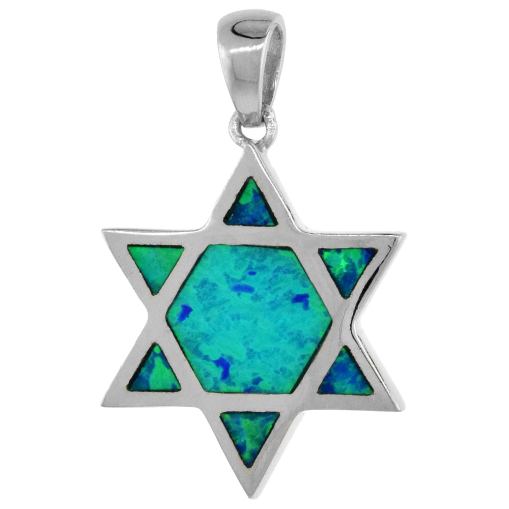 STERLING SILVER SYNTHETIC OPAL STAR OF DAVID PENDANT FOR WOMEN HAND INLAY 5/8 INCH TALL