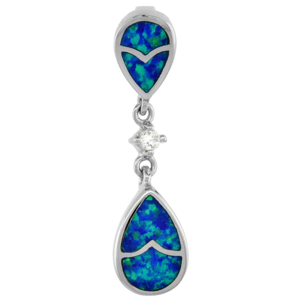 STERLING SILVER SYNTHETIC OPAL TEARDROP PENDANT FOR WOMEN CZ ACCENT HAND INLAY 1 3/16 INCH TALL
