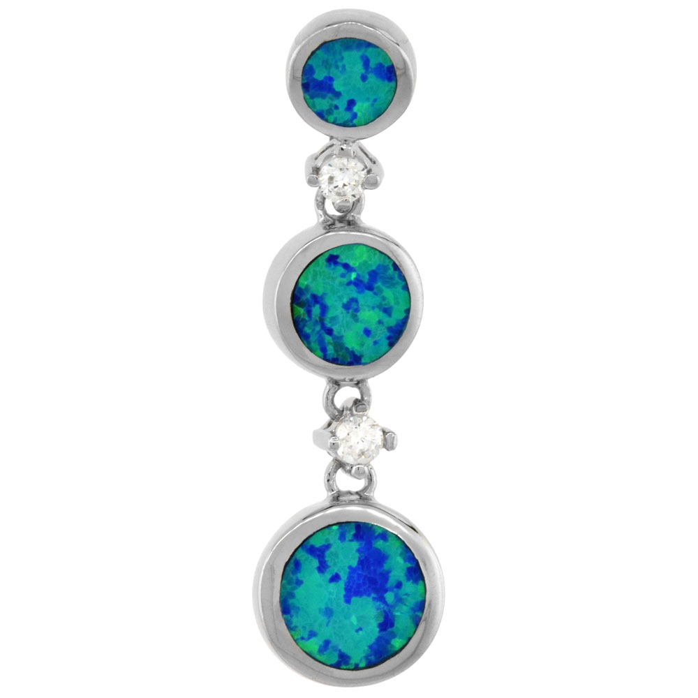 STERLING SILVER SYNTHETIC OPAL 3 LINKED CIRCLES PENDANT FOR WOMEN CZ ACCENT HAND INLAY 1 1/4 INCH TALL