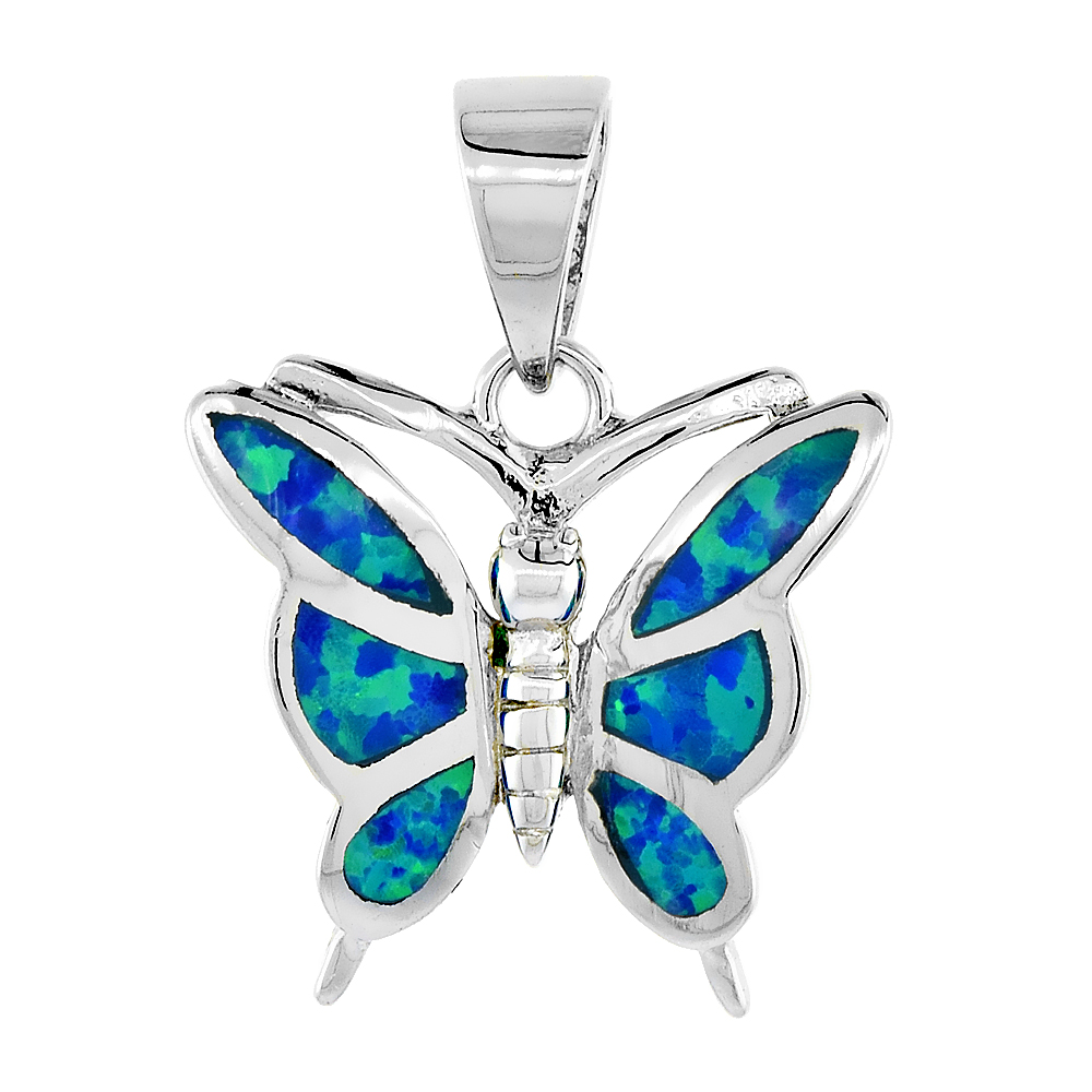 STERLING SILVER SYNTHETIC OPAL BUTTERFLY PENDANT FOR WOMEN HAND INLAY 5/8 INCH
