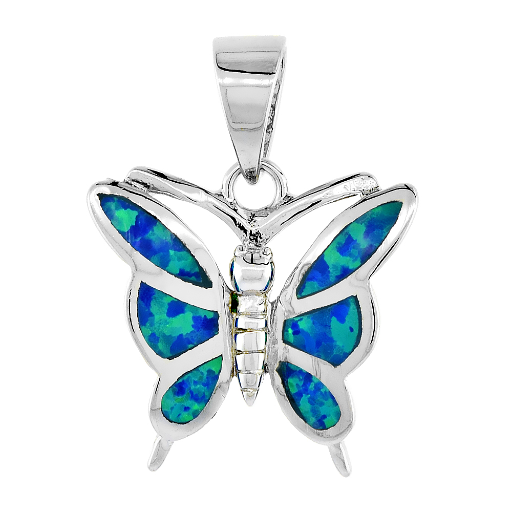 Sterling Silver Synthetic Opal Butterfly Pendant for Women Hand Inlay 5/8 inch
