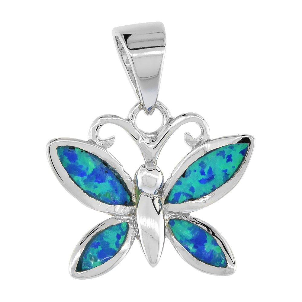 STERLING SILVER SYNTHETIC OPAL BUTTERFLY PENDANT FOR WOMEN HAND INLAY 5/8 INCH