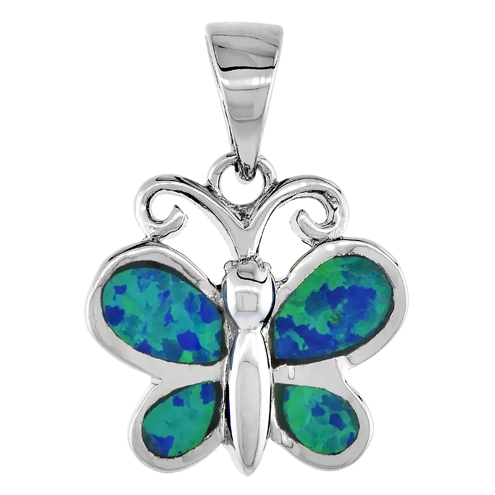 STERLING SILVER SYNTHETIC OPAL BUTTERFLY PENDANT FOR WOMEN HAND INLAY 5/8 INCH