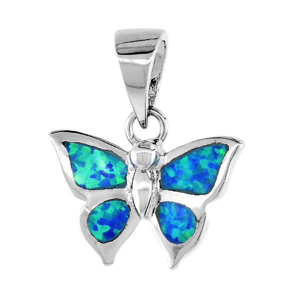 Sterling Silver Synthetic Opal Butterfly Pendant for Women Hand Inlay 5/8 inch