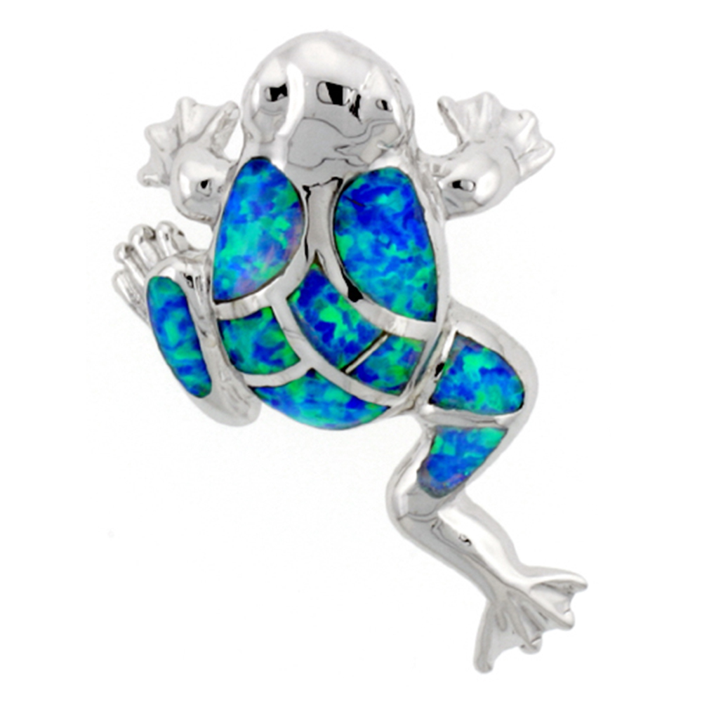 STERLING SILVER SYNTHETIC OPAL FROG PENDANT FOR WOMEN HAND INLAY 1 1/8 INCH TALL