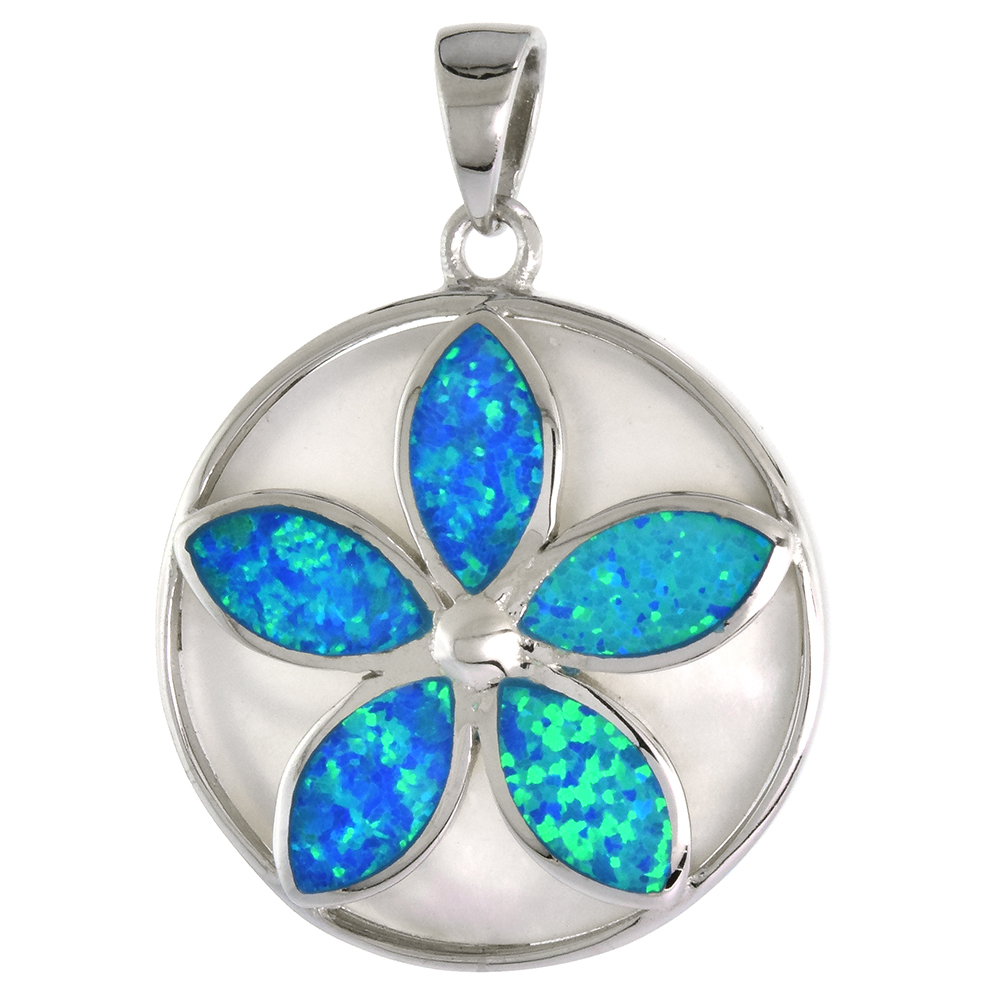 STERLING SILVER SYNTHETIC OPAL PLUMERIA PENDANT FOR MEN & WOMEN MOTHER OF PEARL 1 INCH DISK