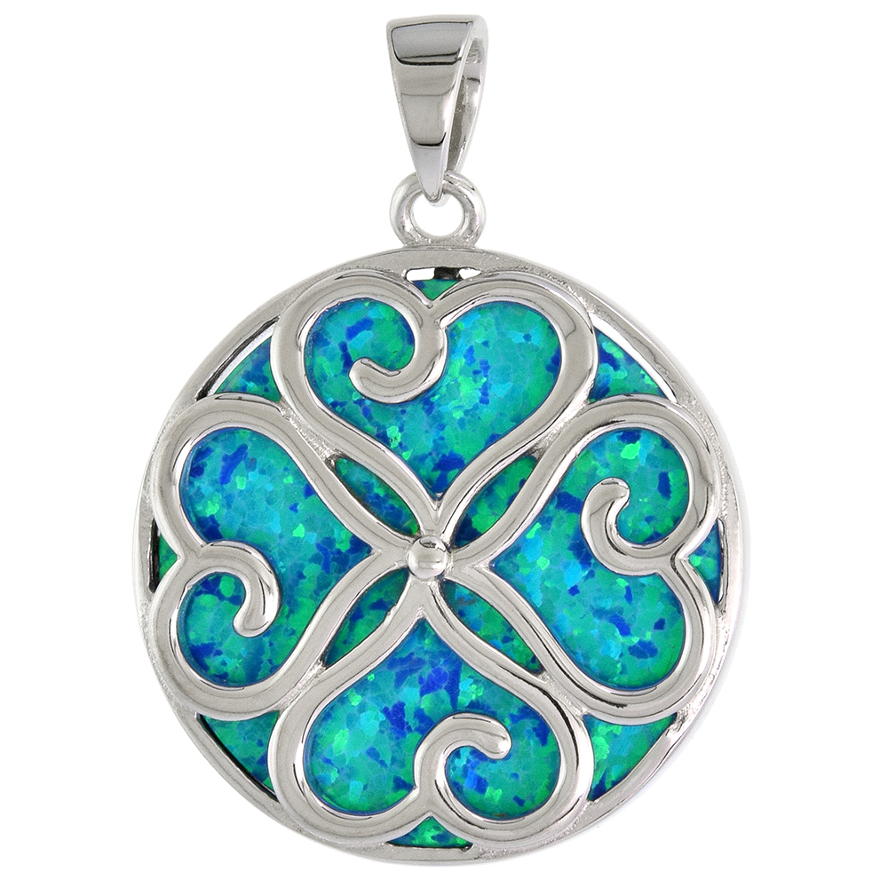 STERLING SILVER SYNTHETIC OPAL FOUR HEARTS PENDANT FOR MEN & WOMEN CUT-OUT ON 1 INCH DISK