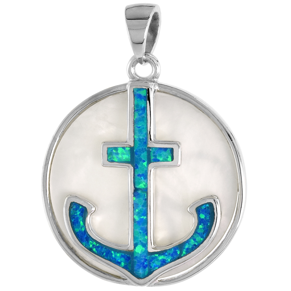 STERLING SILVER SYNTHETIC OPAL ANCHOR PENDANT FOR MEN & WOMEN MOTHER OF PEARL 1 INCH DISK