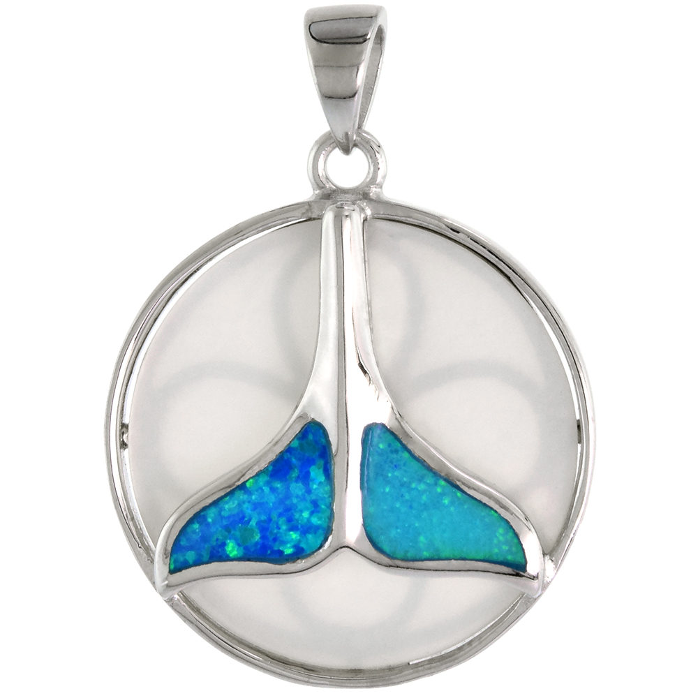 STERLING SILVER SYNTHETIC OPAL WHALE TAIL PENDANT FOR MEN & WOMEN MOTHER OF PEARL 1 INCH DISK