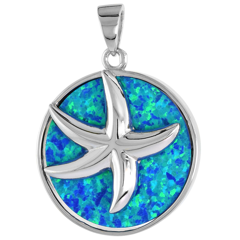 STERLING SILVER SYNTHETIC OPAL STARFISH PENDANT FOR MEN & WOMEN 1 INCH DISK